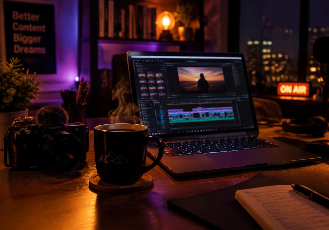 Un café fumant à côté de l'écran de montage pendant un live
